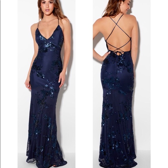 Valhalla Navy Blue Sequin Lace-Up Maxi Dress - Picture 3 of 6